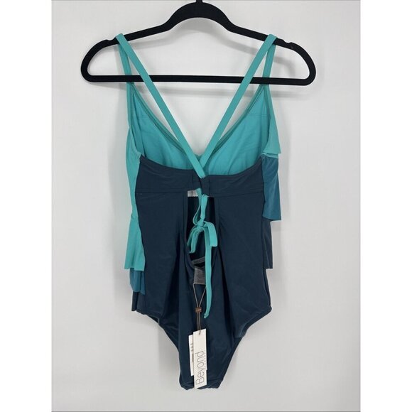 Beyond Control Womens Size 10 Teal Ruffle Tiered Color Block One-Piece Swimsuit - Picture 4 of 6